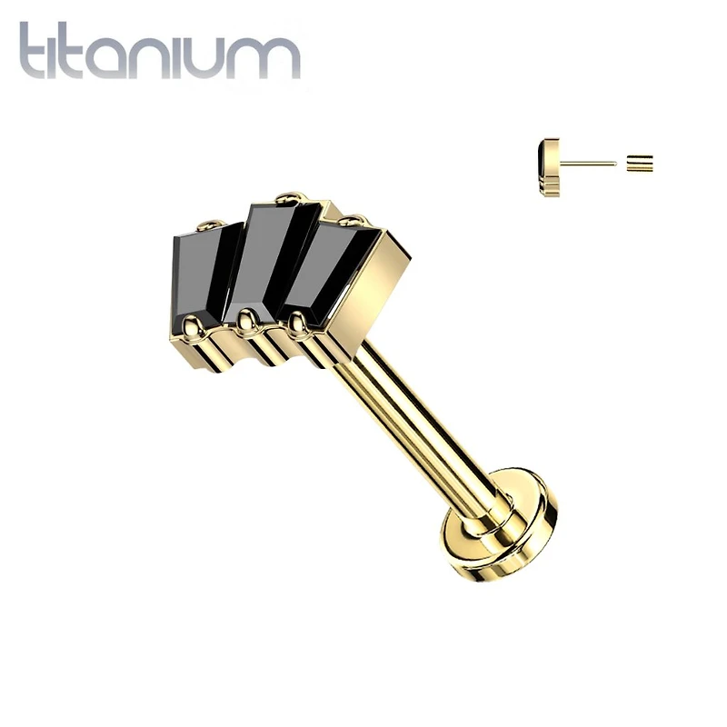 Implant Grade Titanium Gold PVD Triple Baguette Black CZ Gem Threadless Push In Labret