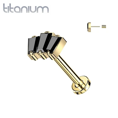 Implant Grade Titanium Gold PVD Triple Baguette Black CZ Gem Threadless Push In Labret