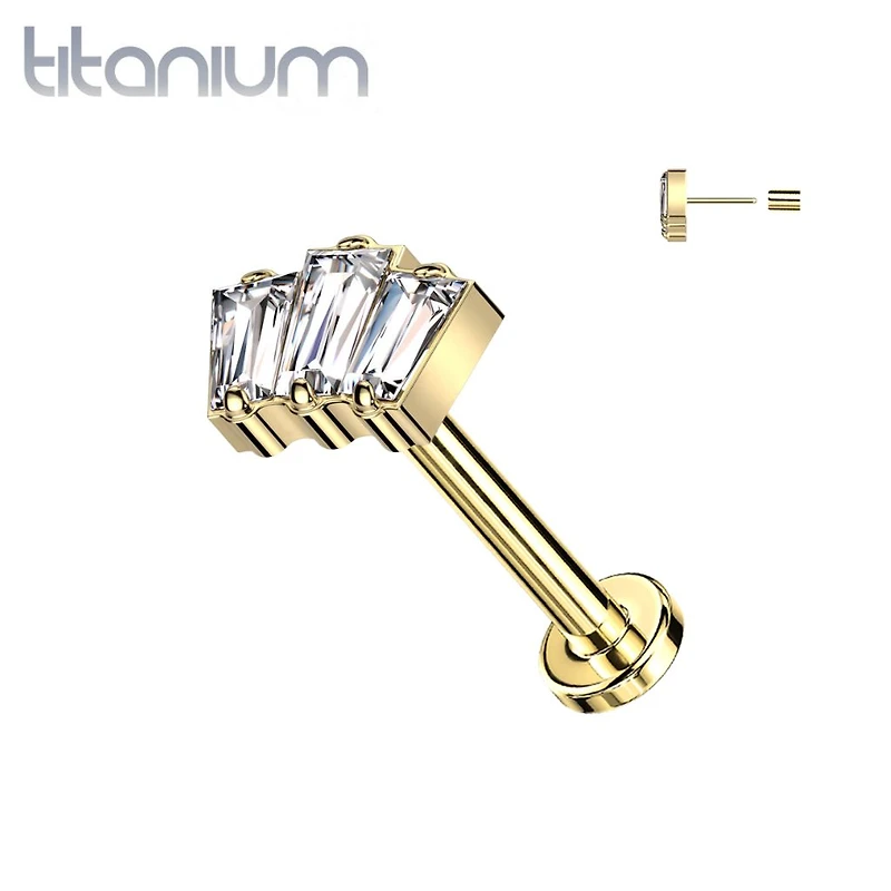 Implant Grade Titanium Gold PVD Triple Baguette White CZ Gem Threadless Push In Labret