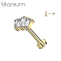 Implant Grade Titanium Gold PVD Triple Baguette White CZ Gem Threadless Push In Labret