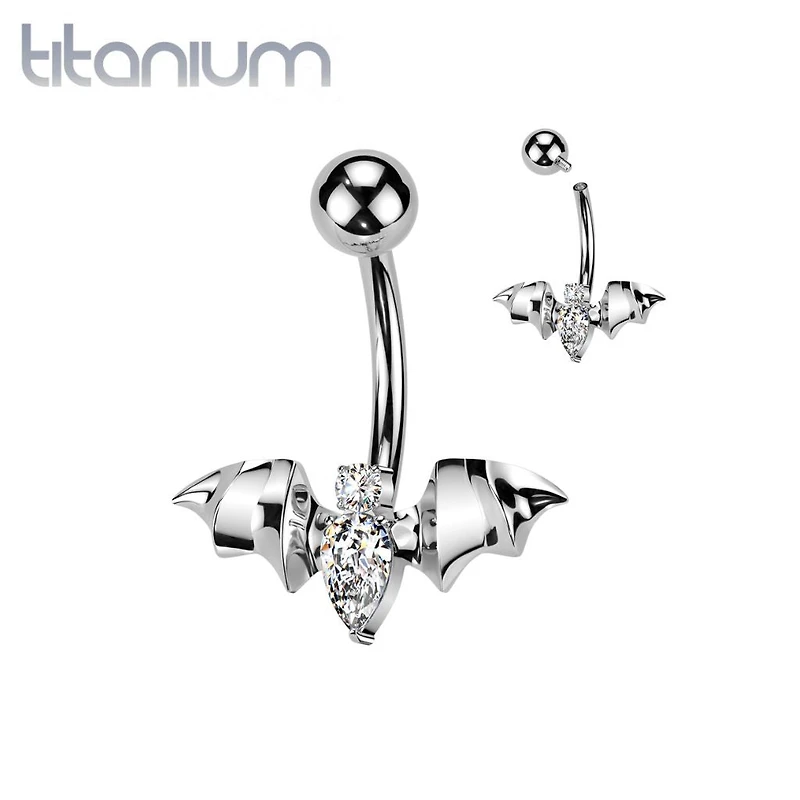Implant Grade Titanium White CZ Internally Threaded Flying Bat Non Dangle Belly Ring