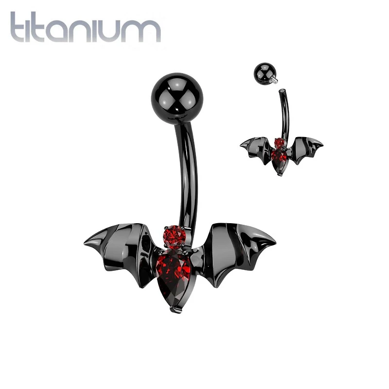 Implant Grade Titanium Black PVD Red CZ Internally Threaded Flying Bat Non Dangle Belly Ring