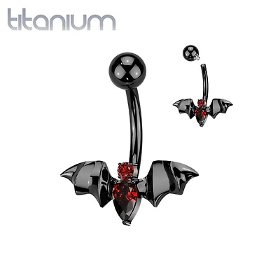 Implant Grade Titanium Black PVD Red CZ Internally Threaded Flying Bat Non Dangle Belly Ring