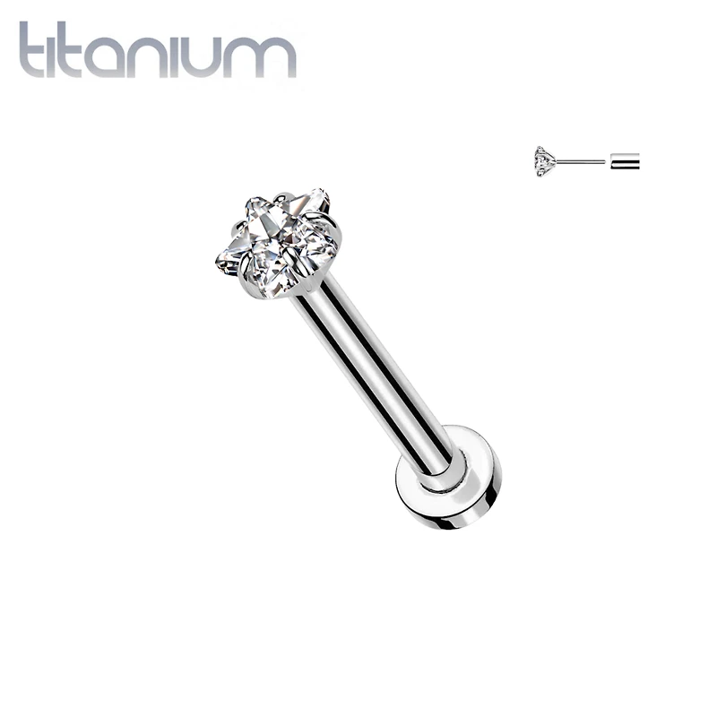 Implant Grade Titanium Threadless White CZ Star Shaped Gem Push In Labret With Flat Back