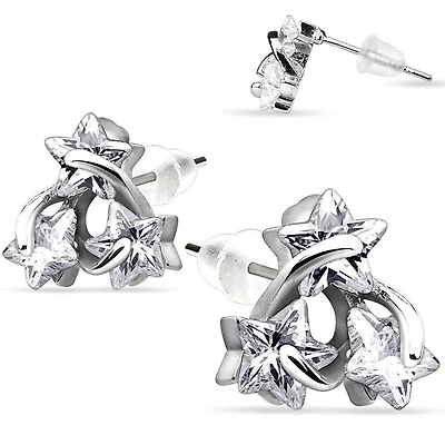 925 Sterling Silver Ultra Clear CZ Crystal 3 Stars Earring Studs