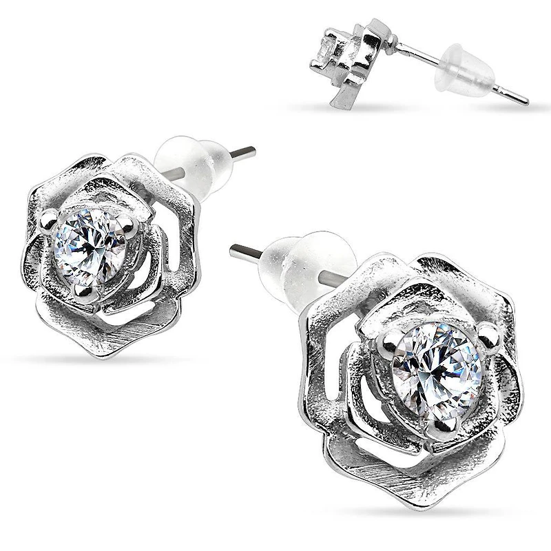 925 Sterling Silver Ultra Clear CZ Gem Flower Rose Tulip Stud Earrings