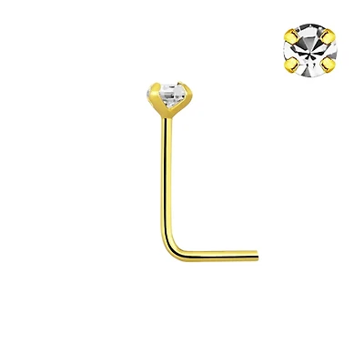 925 Sterling Silver 18Kt Gold Plated L Shape 2mm Prong CZ Nose Ring Stud