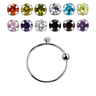 925 Sterling Silver Single Prong Gem Fixed Ball Nose Ring Hoop