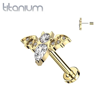 Implant Grade Titanium Gold PVD White CZ Large Flying Bat Threadless Push In Labret