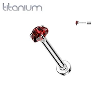 Implant Grade Titanium Threadless Red CZ Heart Shaped Gem Push In Labret With Flat Back