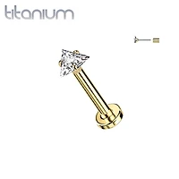 Implant Grade Titanium Gold PVD White CZ Triangle Shaped Gem Threadless Push In Labret With Flat Back