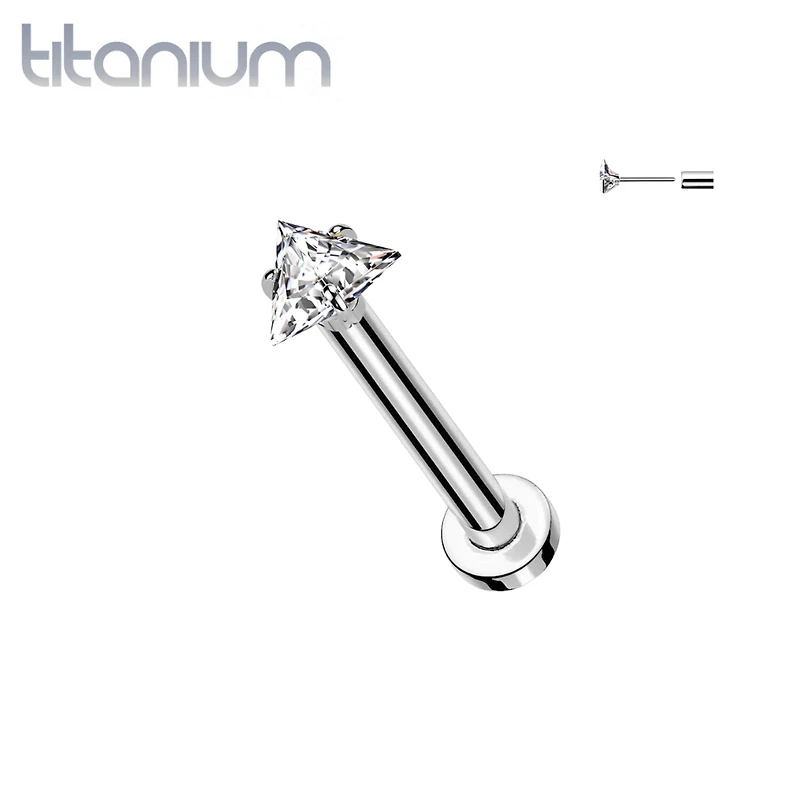 Implant Grade Titanium Threadless White CZ Triangle Shaped Gem Push In Labret With Flat Back