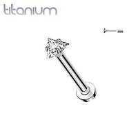 Implant Grade Titanium Threadless White CZ Triangle Shaped Gem Push In Labret With Flat Back
