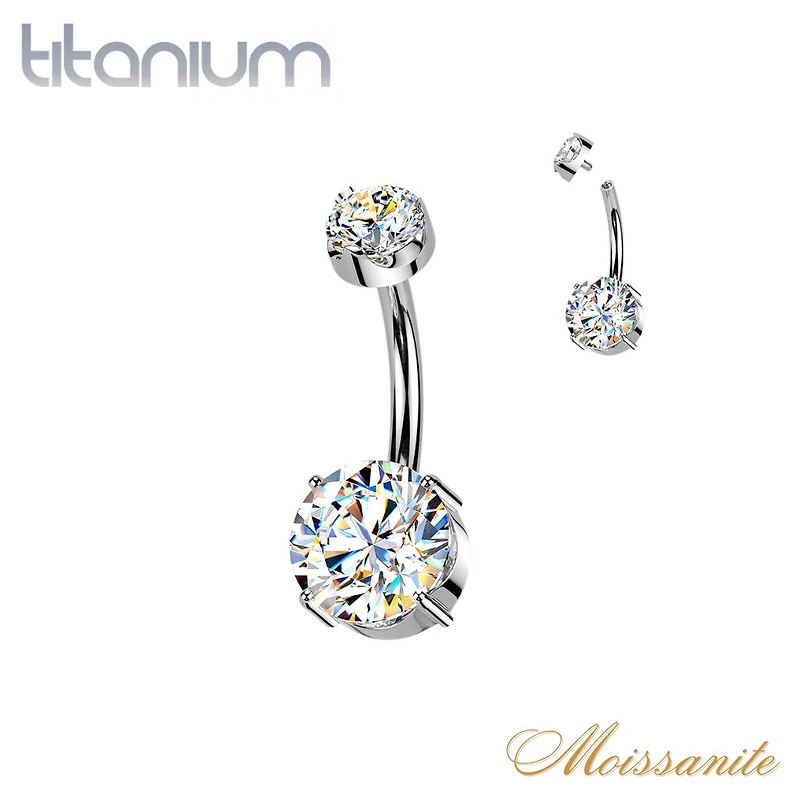Implant Grade Titanium White Moissanite Internally Threaded Round Belly Ring