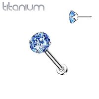 Implant Grade Titanium Threadless Push In Labret Flat Back Aqua CZ Stud
