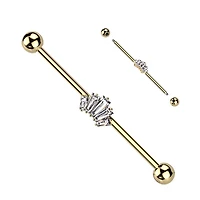 316L Surgical Steel Gold PVD White CZ 5 Gem Baguette Industrial Barbell