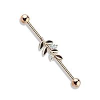 316L Surgical Steel Rose Gold PVD White CZ Leaf Industrial Barbell