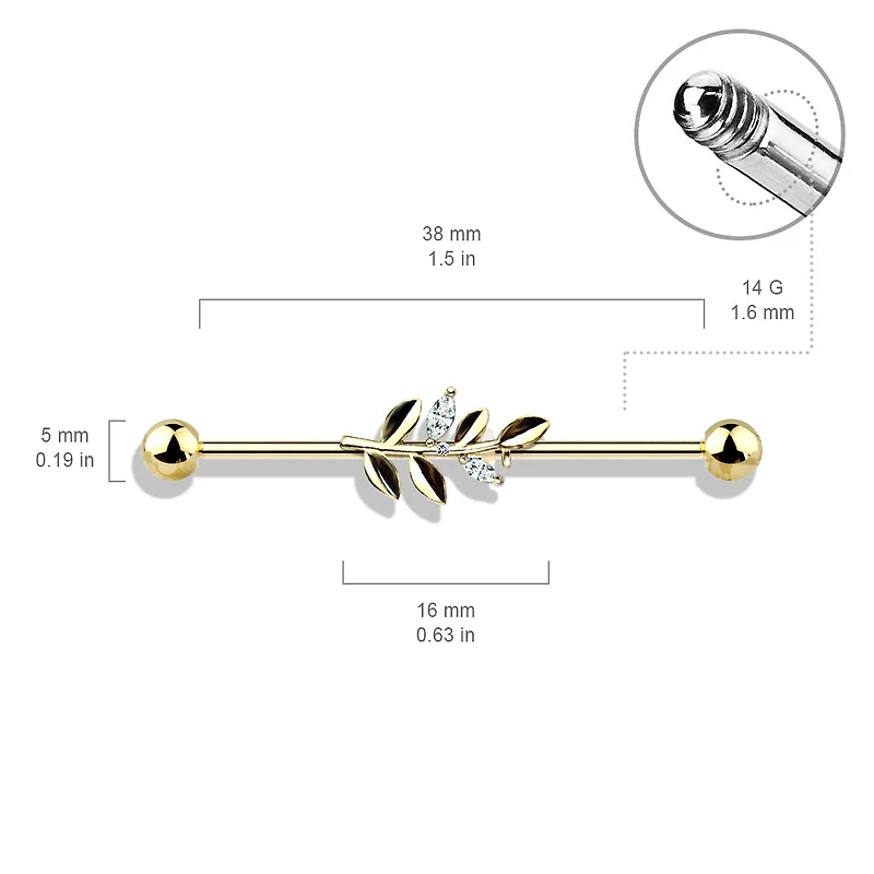 316L Surgical Steel White CZ Leaf Industrial Barbell
