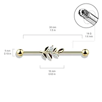 316L Surgical Steel Rose Gold PVD White CZ Leaf Industrial Barbell