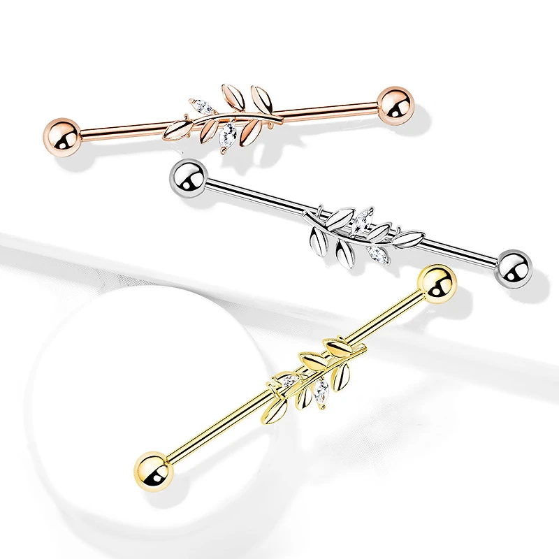 316L Surgical Steel Rose Gold PVD White CZ Leaf Industrial Barbell
