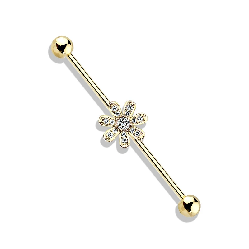 316L Surgical Steel Gold PVD White CZ Gem Flower Industrial Barbell
