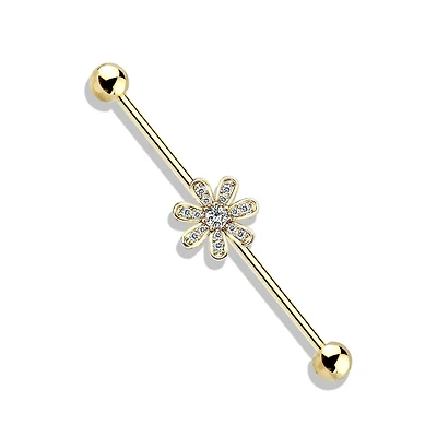 316L Surgical Steel Gold PVD White CZ Gem Flower Industrial Barbell