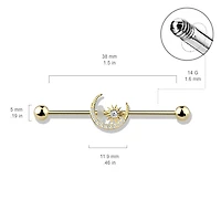 316L Surgical Steel Rose Gold PVD White CZ Gem Moon & Star Industrial Barbell
