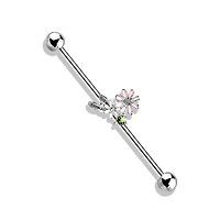 316L Surgical Steel Green CZ Gem With Flowers Industrial Barbell