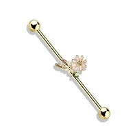 316L Surgical Steel Gold PVD Green CZ Gem With Flowers Industrial Barbell