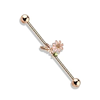 316L Surgical Steel Rose Gold PVD Green CZ Gem With Flowers Industrial Barbell
