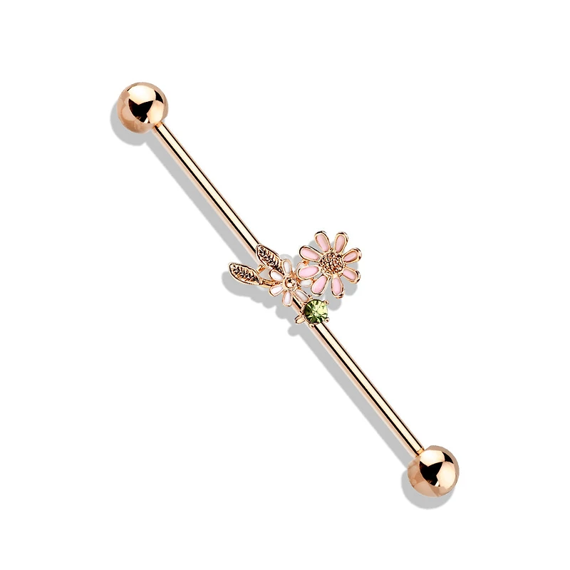 316L Surgical Steel Rose Gold PVD Green CZ Gem With Flowers Industrial Barbell