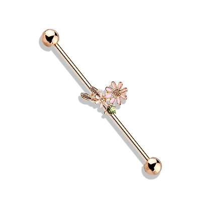 316L Surgical Steel Rose Gold PVD Green CZ Gem With Flowers Industrial Barbell