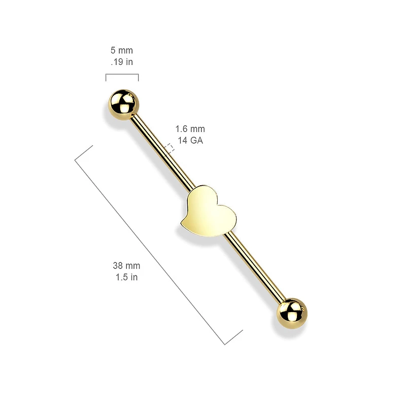 316L Surgical Steel Gold PVD Flat Fixed Heart Shape Industrial Barbell