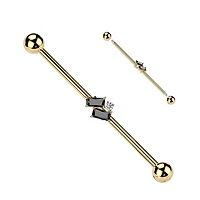 316L Surgical Steel Gold PVD Black Baguette CZ Gem Cluster Industrial Straight Barbell