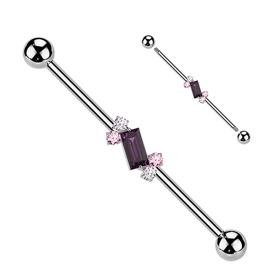 316L Surgical Steel Purple Baguette White & Pink Gem Cluster Industrial Barbell