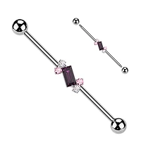 316L Surgical Steel Purple Baguette White & Pink Gem Cluster Industrial Barbell