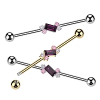 316L Surgical Steel Gold PVD Purple Baguette White & Pink Gem Cluster Industrial Barbell