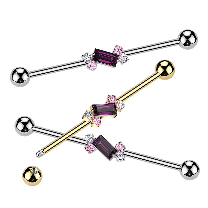 316L Surgical Steel Gold PVD Purple Baguette White & Pink Gem Cluster Industrial Barbell