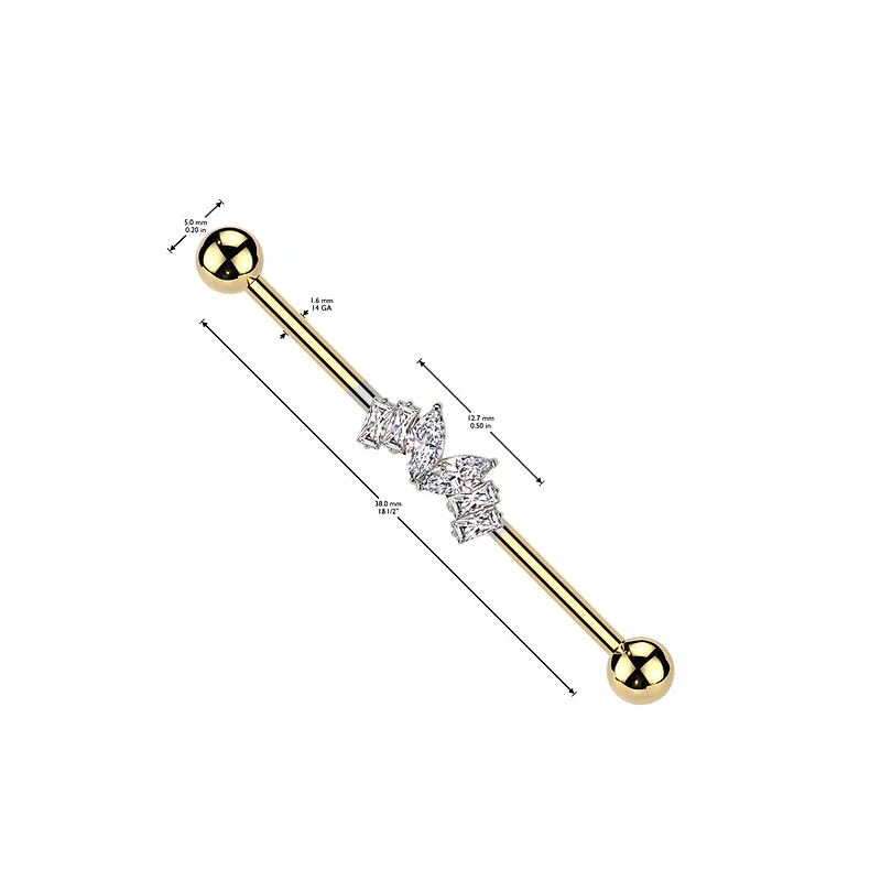 316L Surgical Steel Gold PVD White CZ Marquise & Baguette Gem Industrial Barbell