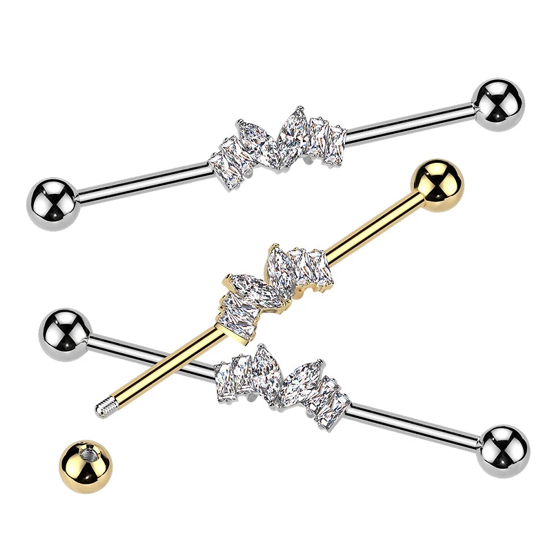 316L Surgical Steel Gold PVD White CZ Marquise & Baguette Gem Industrial Barbell