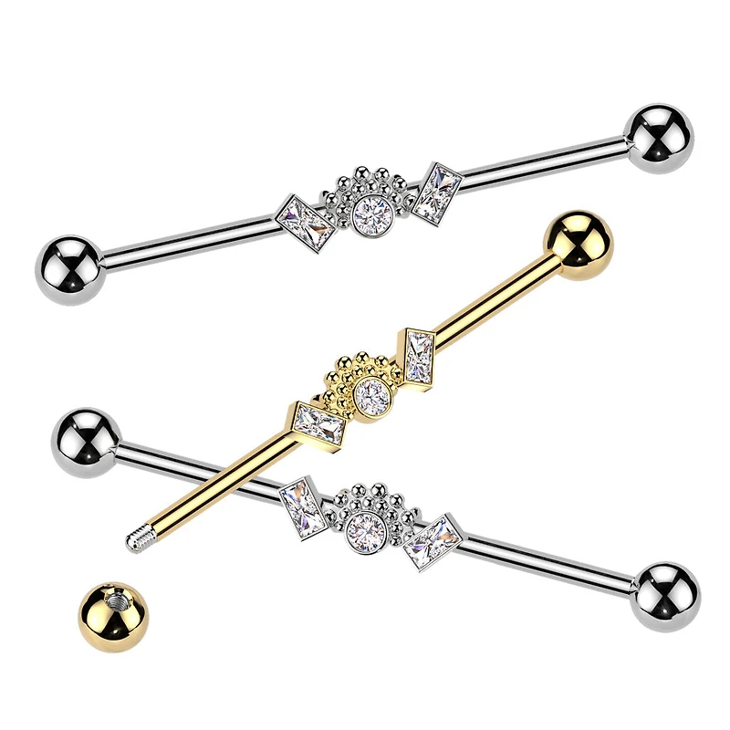 316L Surgical Steel White CZ Baguette Beaded Industrial Barbell
