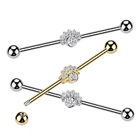 316L Surgical Steel Gold PVD White CZ Bezel Beaded Gem Design Industrial Barbell