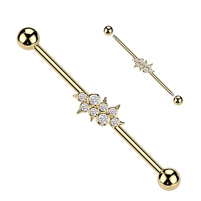 316L Surgical Steel Gold PVD White CZ Bezel Spike Gem Cluster Industrial Barbell