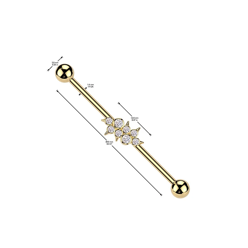 316L Surgical Steel Gold PVD White CZ Bezel Spike Gem Cluster Industrial Barbell