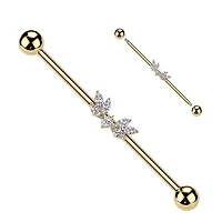 316L Surgical Steel Gold PVD White CZ Wing Design Gem Cluster Industrial Barbell