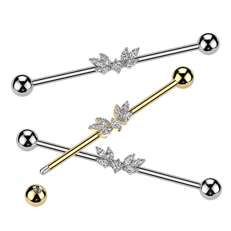 316L Surgical Steel Gold PVD White CZ Wing Design Gem Cluster Industrial Barbell