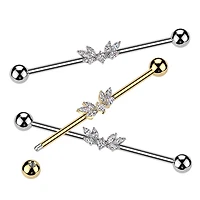 316L Surgical Steel Gold PVD White CZ Wing Design Gem Cluster Industrial Barbell