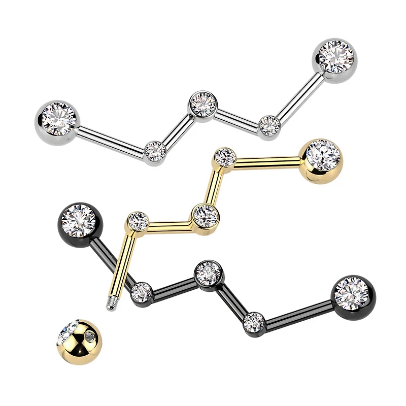 316L Surgical Steel Gold PVD White CZ Constellation Industrial Barbell