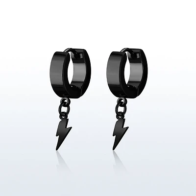 Pair of 316L Surgical Steel Black PVD Bolt of Lightning Dangle Hoop Earrings