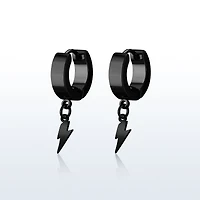 Pair of 316L Surgical Steel Black PVD Bolt of Lightning Dangle Hoop Earrings